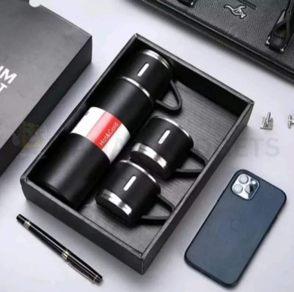 500ml Stainless Steel Vacuum Flask with 2 Cups | Travel Thermos Set