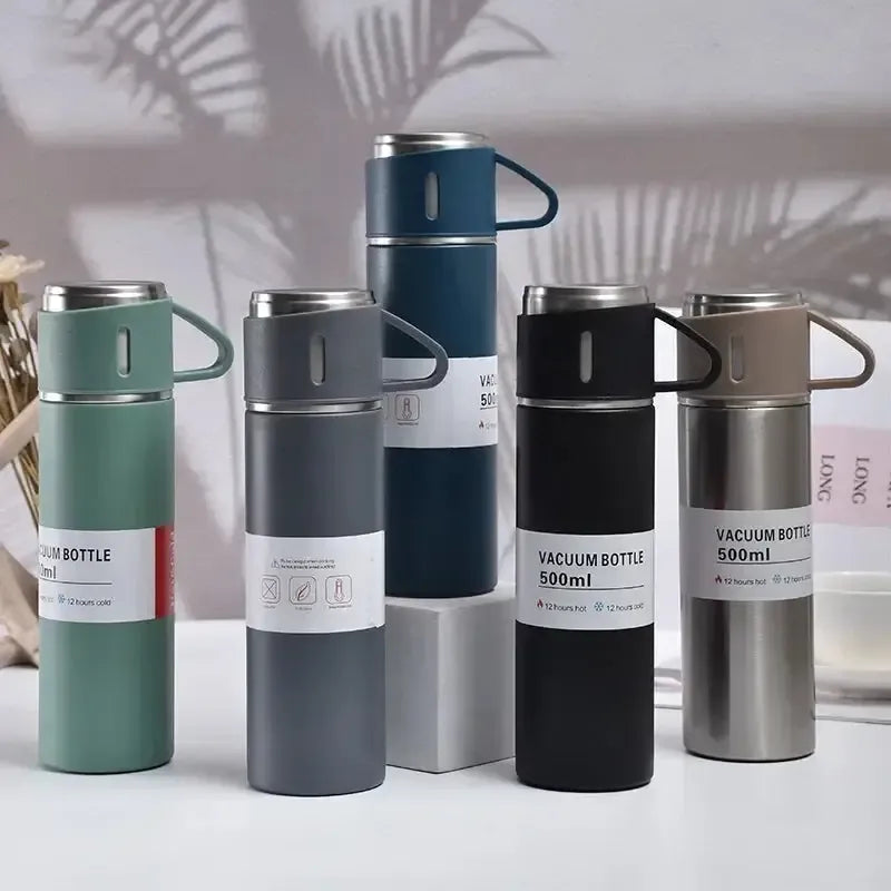 500ml Stainless Steel Vacuum Flask with 2 Cups | Travel Thermos Set