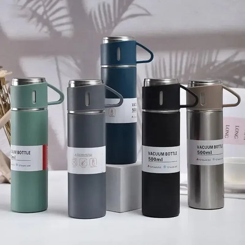 500ml Stainless Steel Vacuum Flask with 2 Cups | Travel Thermos Set