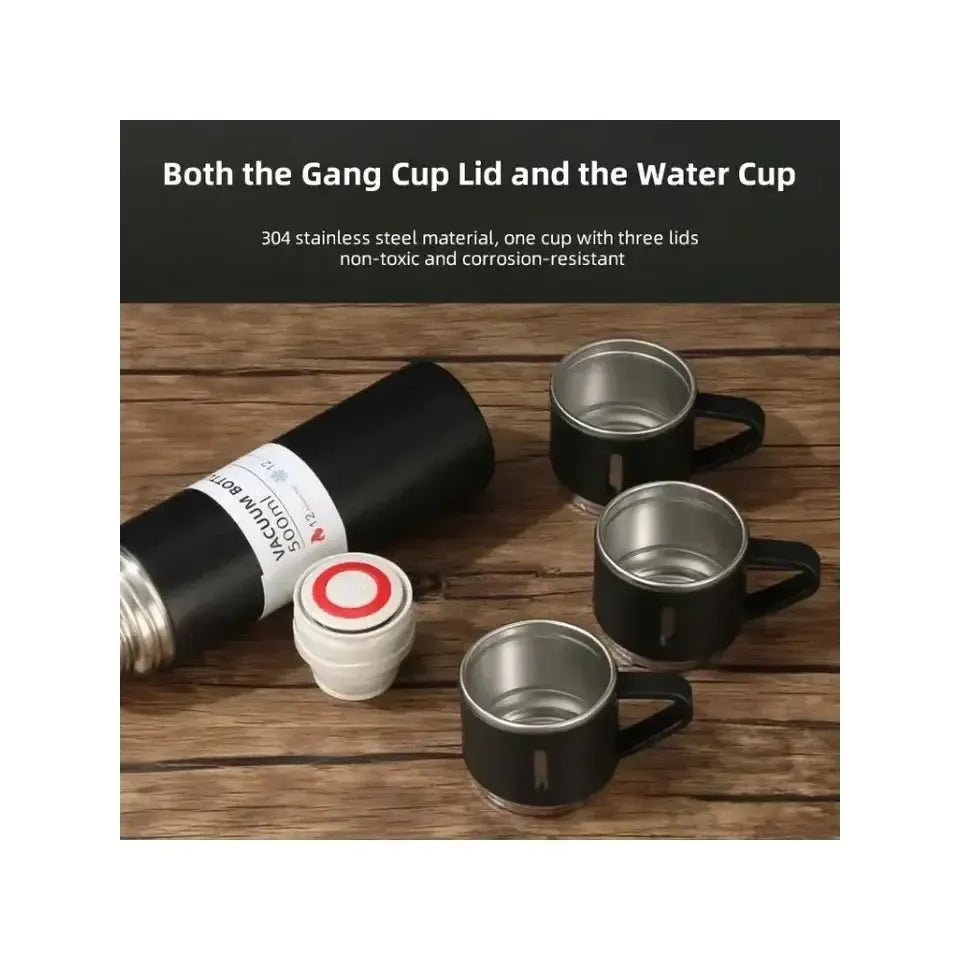 500ml Stainless Steel Vacuum Flask with 2 Cups | Travel Thermos Set