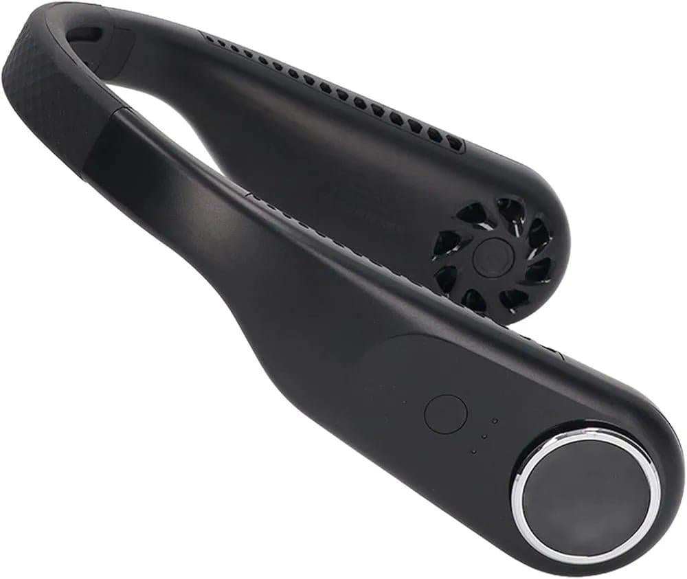Black wearable device with fan and button on a white background