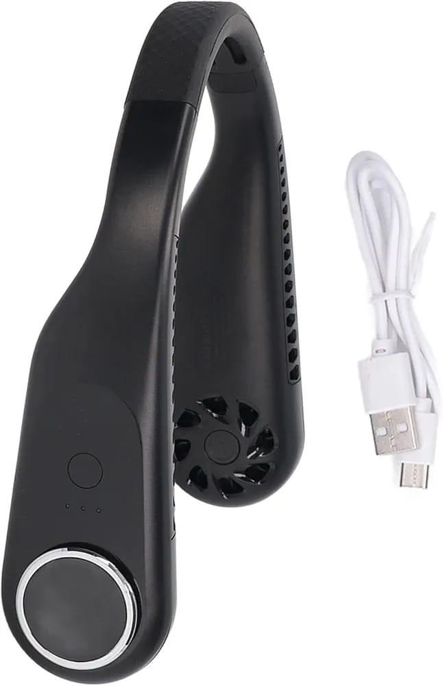 Black handheld fan with a USB cable on a white background