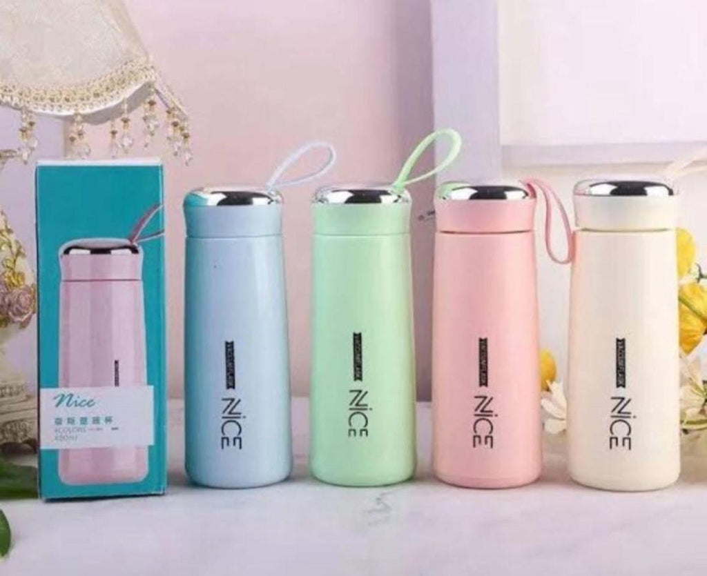 Set of colorful insulated cups with 'NICE' branding on a light background