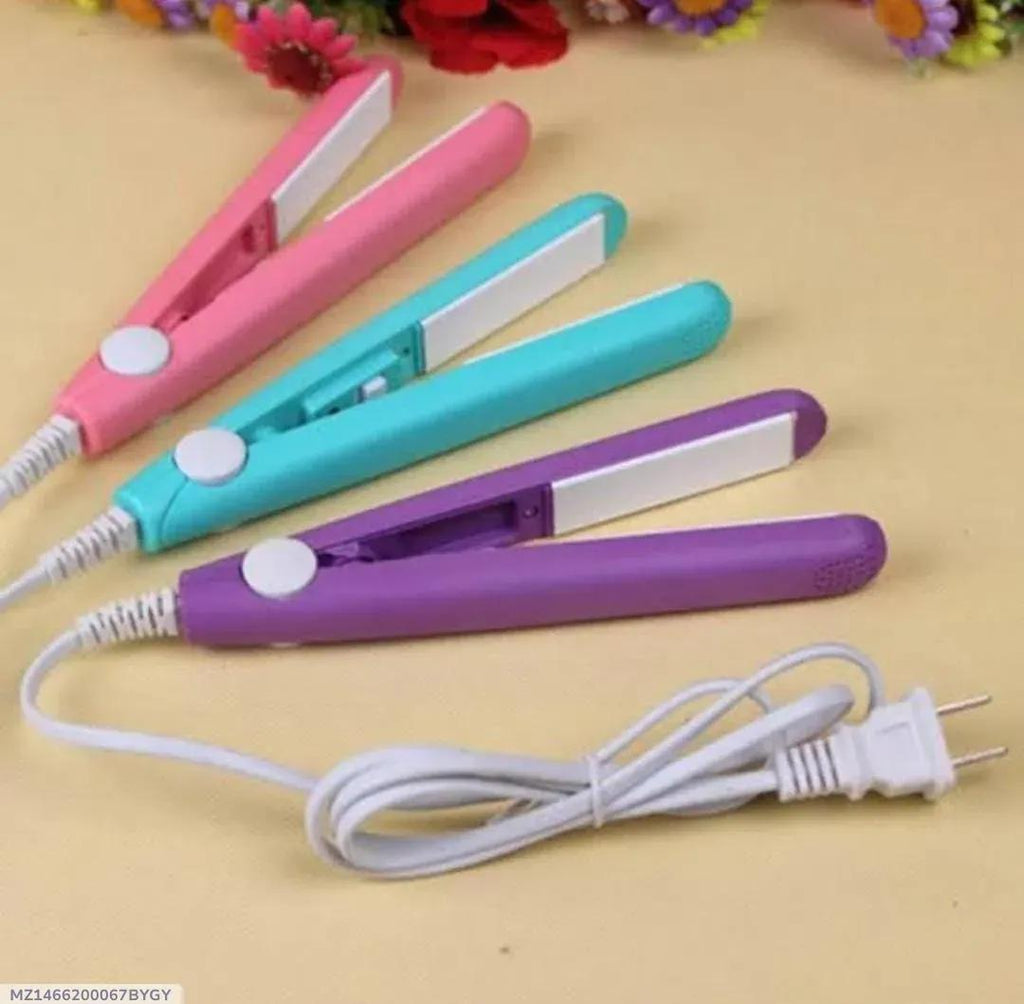 Three colorful hair straighteners (pink, blue, purple) on a beige background with a power cord.