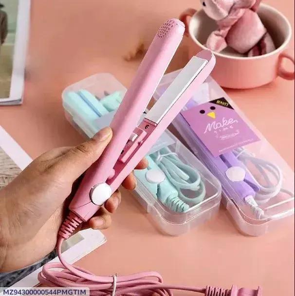 Pink hair straightener held by a hand with a pink background featuring hair styling tools.