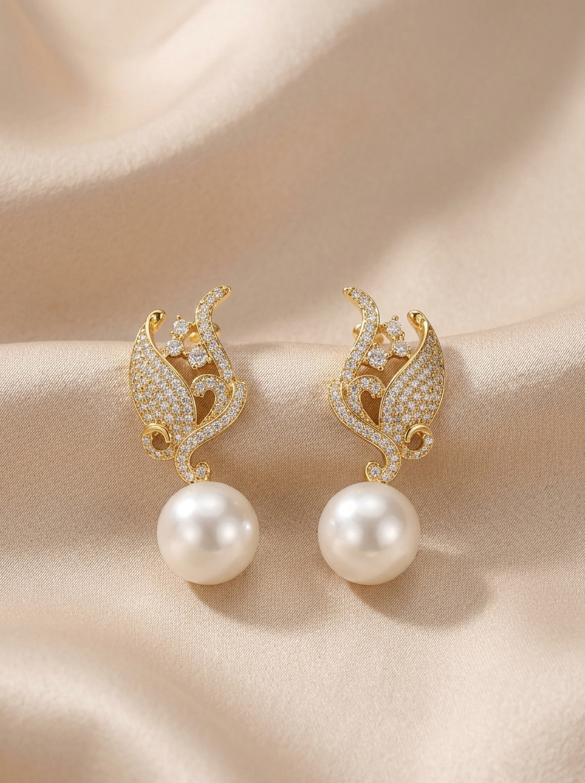 Luxury 18K Gold Plated Baroque Pearl Drop Earrings – Elegant Zircon Bridal Studs
